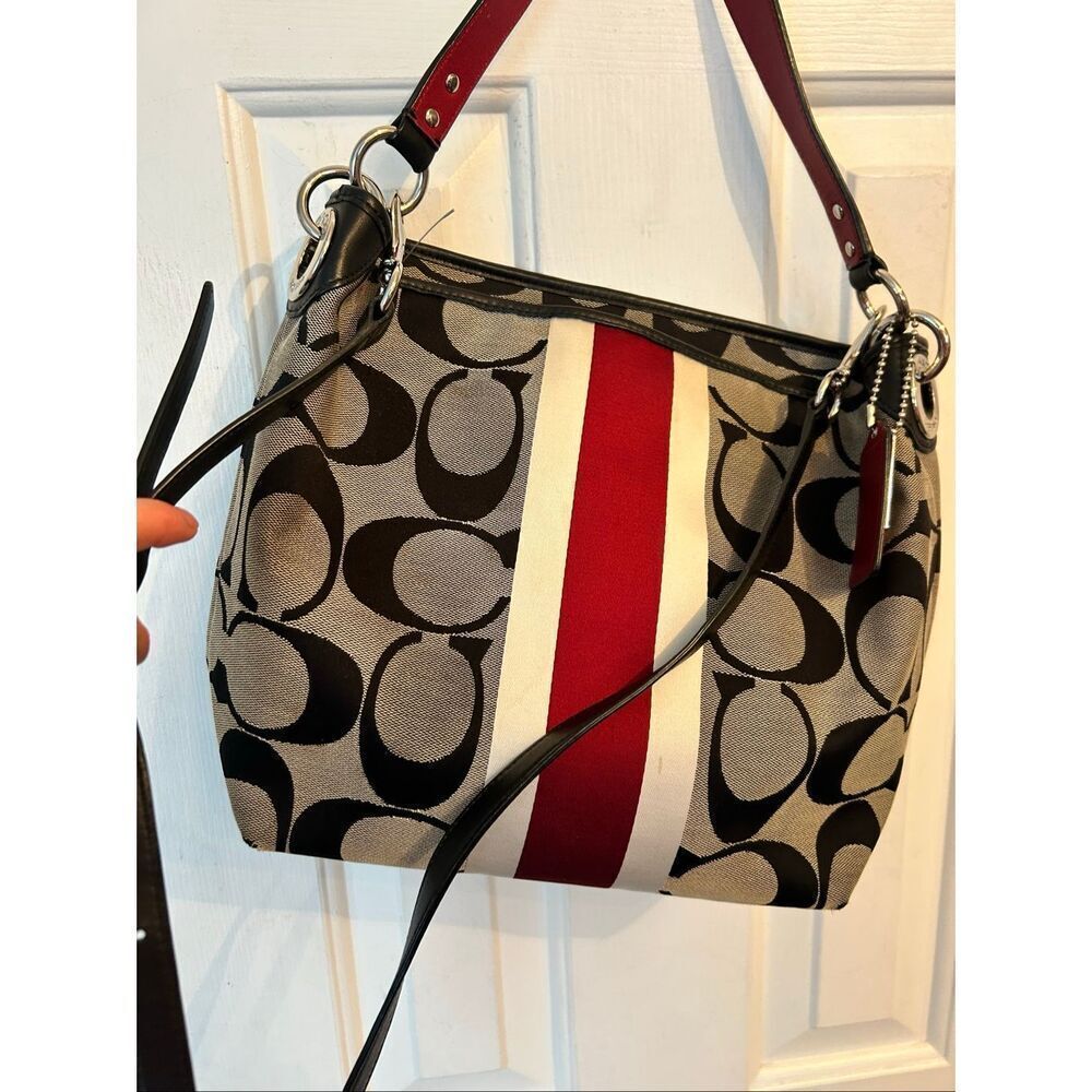COACH Signature Hampton Stripe Purse Classic Logo Shoulder Bag Black Red White 1 - Picture 6 of 10
